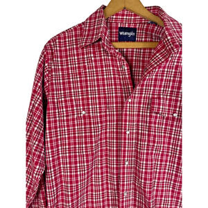 Wrangler Pearl Snap Shirt Large Red White Plaid Check Long Sleeve Mens Western